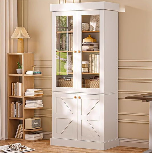ivaniti 71" Tall Kitchen Pantry Cabinet, Rustic Farmhouse Storage Hutch with Glass Doors & Adjustable Shelves, Freestanding Wood Buffet Cabinet for Dining Room, Living Room, White