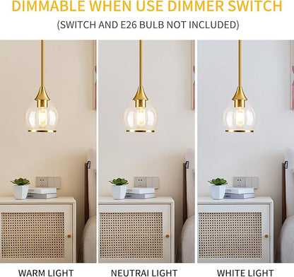 1-Piece Gold Island Light for Kitchen, 1-Light Brushed Gold Hanging Pendant Light with Clear Round Glass Shade for Dining Room,Bedroom