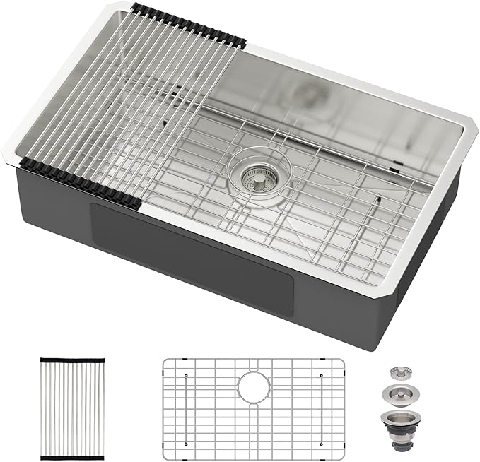 28 Undermount Kitchen Sink 28"x18"x8" Single Bowl 16 Gauge Stainless Steel Under Counter Single Bowl Kitchen Sinks Basin with Drain Strainer