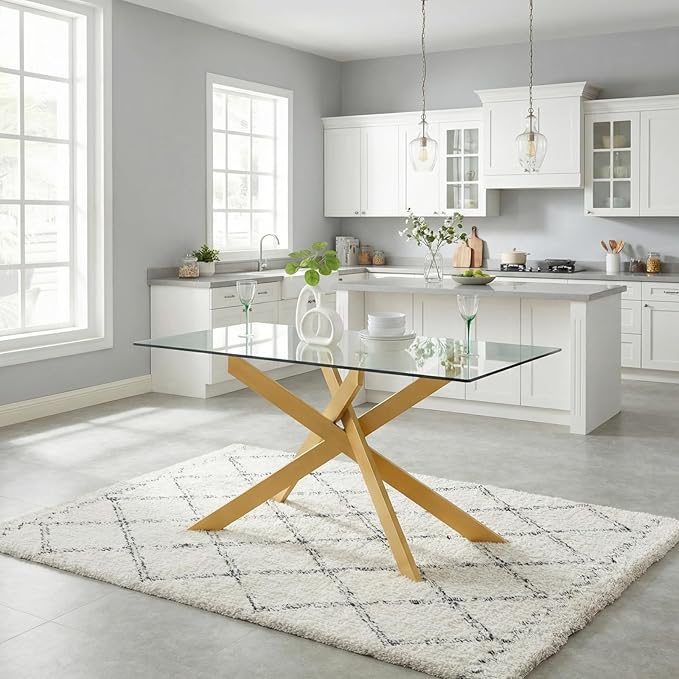 Edwin's Choice 58.5” Rectangle Glass Dining Table, Tempered Glass Table Top and Metal Tubular Legs, Modern Style Table for Home, Kitchen, Dining Room 58.5”Lx29”Wx30”H, Gold
