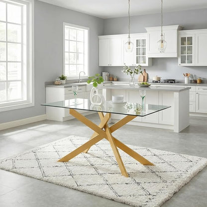 Edwin's Choice 58.5” Rectangle Glass Dining Table, Tempered Glass Table Top and Metal Tubular Legs, Modern Style Table for Home, Kitchen, Dining Room 58.5”Lx29”Wx30”H, Gold