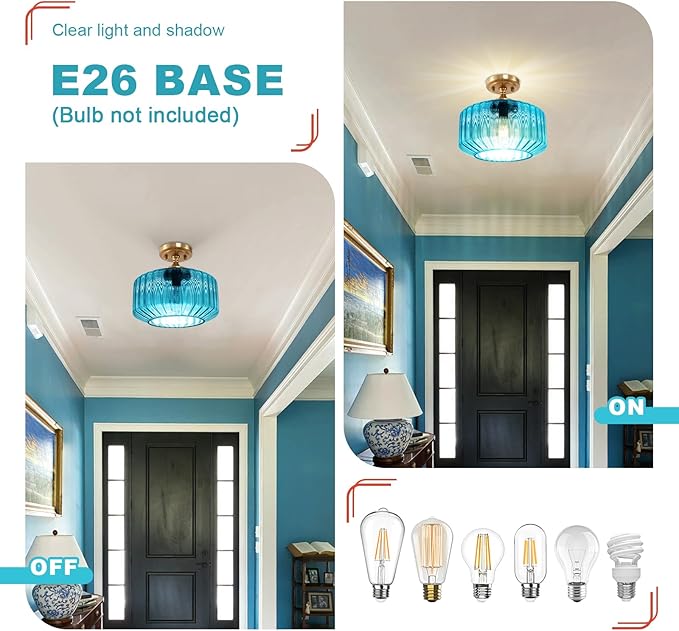 Blue Glass Ceiling Light, Flush Mount Light Fixture Ribbed Glass Shade, Vintage Farmhouse Lighting for Bedroom, Living Room, Kitchen, Bathroom, Nursery, Hallway