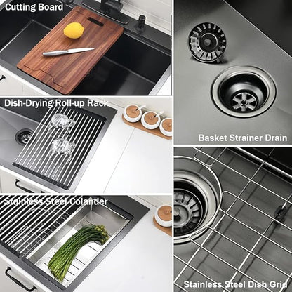 30 Inch Black Drop in Kitchen Sink Workstation -VOKIM 30 x 22 - Inch Drop in sink 16 Gage Stainless Steel TopMount sink Single Bowl 10'' Deep Kitchen Sink with Cutting Board