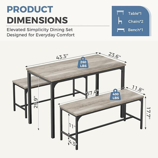 DUMOS Dining Table, Dining Table Set for 4 with Bench, Easy to Assemble Kitchen Table, Space-Saving Ideal 4-Person Set for Dining Room Kitchen Apartment Corner Gray 3 Pack