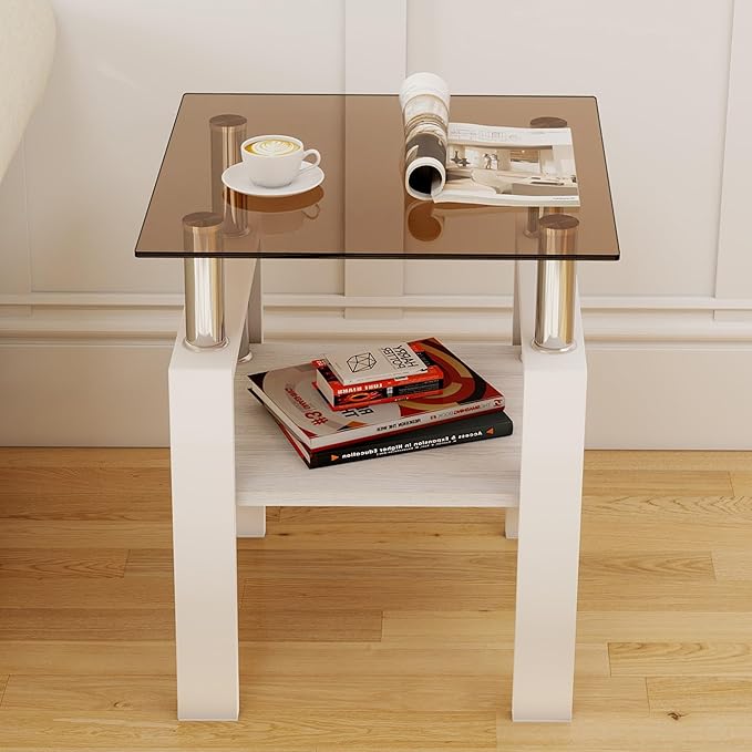 Set of 2 Glass End Table, 2-Layer Glass Living Room Table, Modern Tea Table Side Tables for Home Office Furniture