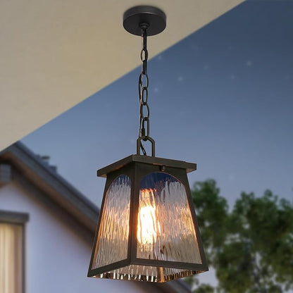 LALUZ Outdoor Pendant Lights for Porch, Modern Farmhouse Outdoor Pendant Light Fixture with Clear Water Ripple Glass, Trapezoid Exterior Hanging Lantern Lamp Light Fixtures, Textured Rust Finish