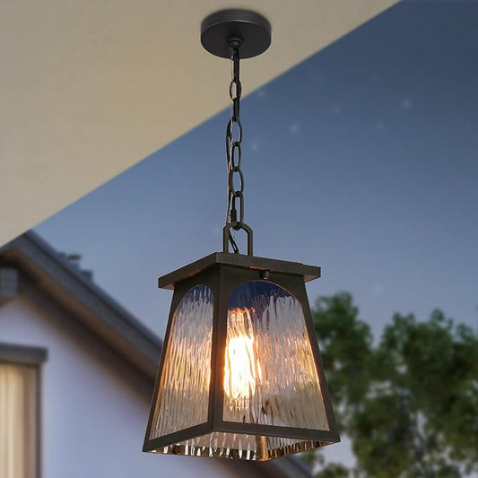 LALUZ Outdoor Pendant Lights for Porch, Modern Farmhouse Outdoor Pendant Light Fixture with Clear Water Ripple Glass, Trapezoid Exterior Hanging Lantern Lamp Light Fixtures, Textured Rust Finish