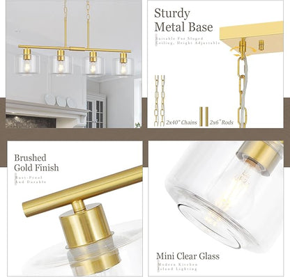 4-Light Brushed Gold Kitchen Island Lighting, Modern Linear Dining Room Chandelier Light Fixtures with Clear Glass and Chain, Mid Century Hanging Lights for Kitchen Island, OS-YQ8153-4ISBGC