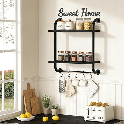 Tinpin Bathroom Shelves Wall Mounted, Rustic Farmhouse Pipe Shelves, Wall Shelves 2-Tier, Industrial Pipe Shelving, Floating Shelf Decor for Bathroom, Bedroom, Living Room Thanksgiving 17.3in Black