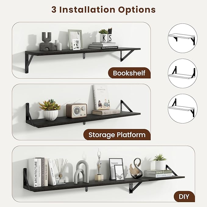 Axeman 36 Inch Floating Shelves | 8 Inch Deep Black Wall Shelves Set of 2 | 36''W x 8''D Rustic Black Wood Shelves for Bathroom Living Room Bedroom Kitchen
