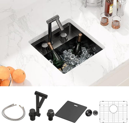 Sarlai Black Undermount Bar Sink With Foldable Faucet - 15x15 Inch Outdoor Black Kitchen Sink RV Workstation 16 Gauge Stainless Steel Single Bowl Handmade Outdoor BBQ Sinks with Lid