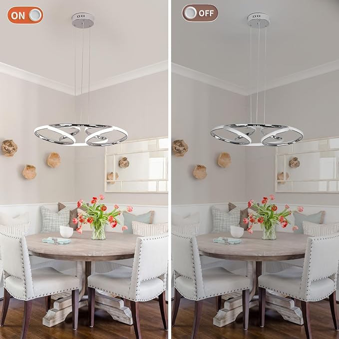 23 inch Modern Chandelier for Dining Room, Kitchen Chandelier & Entryway, Dimmable LED Pendant Light with Adjustable Height, 32W for Hallway, Living Room, Bedroom (Chrome M)