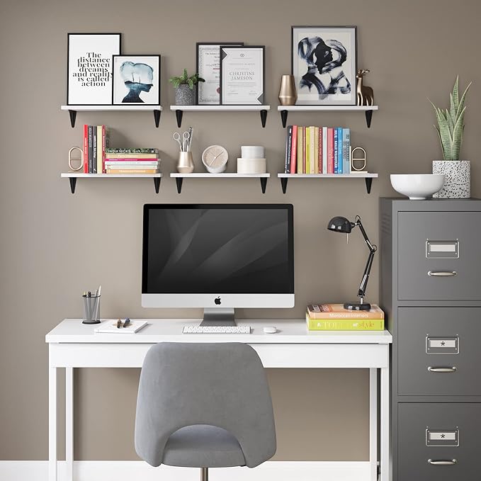 Wallniture Arras Wood Floating Shelves for Wall Storage, Small Bookshelf, Hanging Book Shelves for Living Room, Bedroom, Office, Burnt Finish, Set of 10 (White)