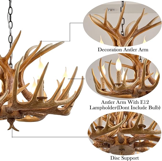 Antler Chandelier 6 Light, Rustic Style Antler Light Fixtures, E12 Base Deer Antler Chandelier Lighting for Home Store Bar (6 lamp arms + 3arm)