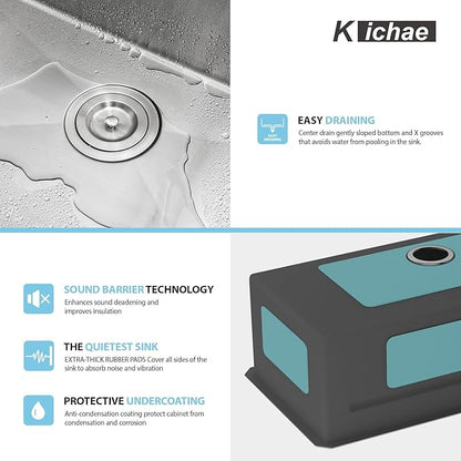 Kichae 32 Undermount Waterfall Kitchen Sink - Undermount Sink 32"x17" Ledge Workstation 16 Gauge Stainless Steel Deep Single Bowl Under Counter Handmade Basin with Wash Basin