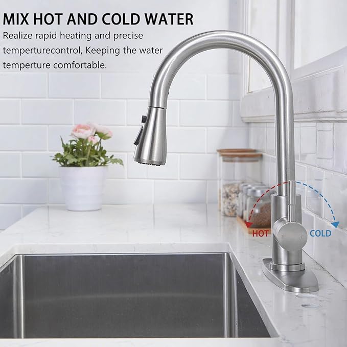 HOTIS Kitchen Faucet with Pull Down Sprayer, Brushed Nickel Stainless Steel High Arc Single Handle Faucets with Deck Plate for 1 or 3 Hole, Suitable for Farmhouse Camper Rv Bar, HT-KYT010L-D-2