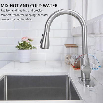 HOTIS Kitchen Faucet with Pull Down Sprayer, Brushed Nickel Stainless Steel High Arc Single Handle Faucets with Deck Plate for 1 or 3 Hole, Suitable for Farmhouse Camper Rv Bar, HT-KYT010L-D-2