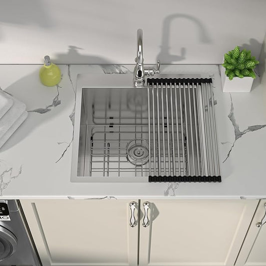 Sarlai 25 Inch Laundry Sink - 25x22 Drop In Kitchen Sink Utility Laundry 12 Inch Deep Sinks Topmount Single Bowl Stainless Steel Room Utility Tub Sinks Basin