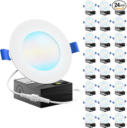 Sunco 24 Pack 4 Inch Ultra Thin LED Recessed Ceiling Lights Slim, High Brightness 800 Lumens, 2700K/3000K/4000K/5000K/6000K, Dimmable, 10W, Wafer Thin, Canless with Junction Box