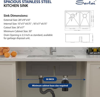 Sarlai 28 Inch Undermount Double Bowl Sink - Stainless Steel 16 Gauge Workstation Sink Low Divide 60/40 Basin