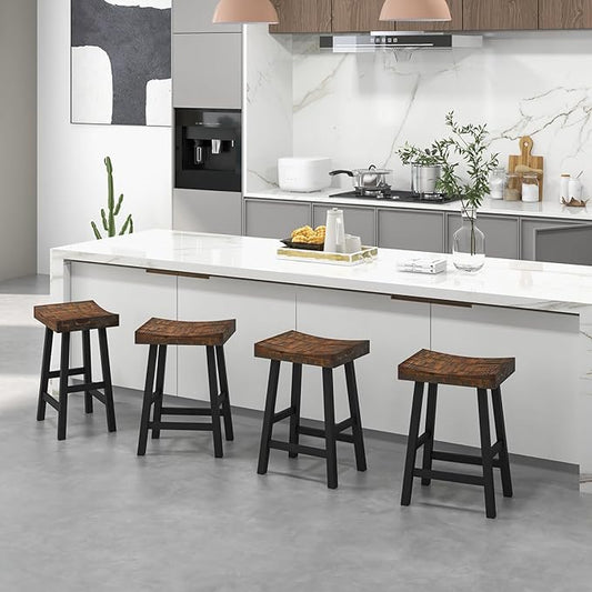 ERGOMASTER Wooden Backless Saddle Barstools Set of 4, 24-inch Counter Height Rustic Bar Stools with Rubber Wood Frame & Footrest for Kitchen Island, Dining Room, Pub