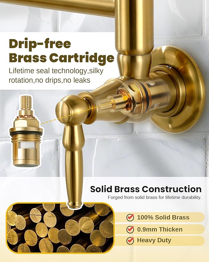 Pot Filler Faucet Brushed Gold: Solid Brass Wall Mount Heavy Duty Stove Pot Filler with Double Joint Swing Arms - Single Hole Commercial Folding Stretchable Faucet 2 Handles for Kitchen Restaurant