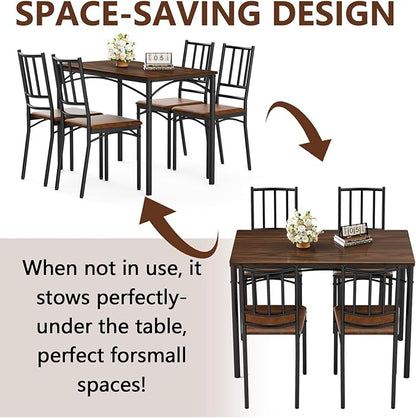 5 Piece Dining Table Set for 4, Farmhouse Kitchen Table and PU Chairs, Small Space Compact Dinette, Wood Top & Metal Frame, Breakfast Nook Set for Apartment Dining Room (Walnut+Black)