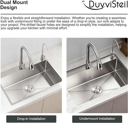 23.6 x 17.7 Inch Kitchen Sink, T304 Stainless Steel Sink, Top Mount Kitchen Sinks with Basket Strainer and Pipe