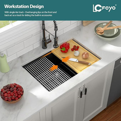28x19 Inch Undermount Kitchen Sink, Matte Black Granite Composite Ledge Workstation Quartz Sink, Single Bowl Deep Under Counter Sink