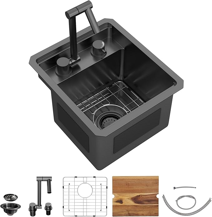 13"x15" Undermount RV Kitchen Sink Workstation – Gunmetal Black NANO-PVD, 16 Gauge 304 Stainless Steel, Single Bowl Basin with Foldable Faucet for Mobile Home, Wet Bar, Outdoor RV Kitchen