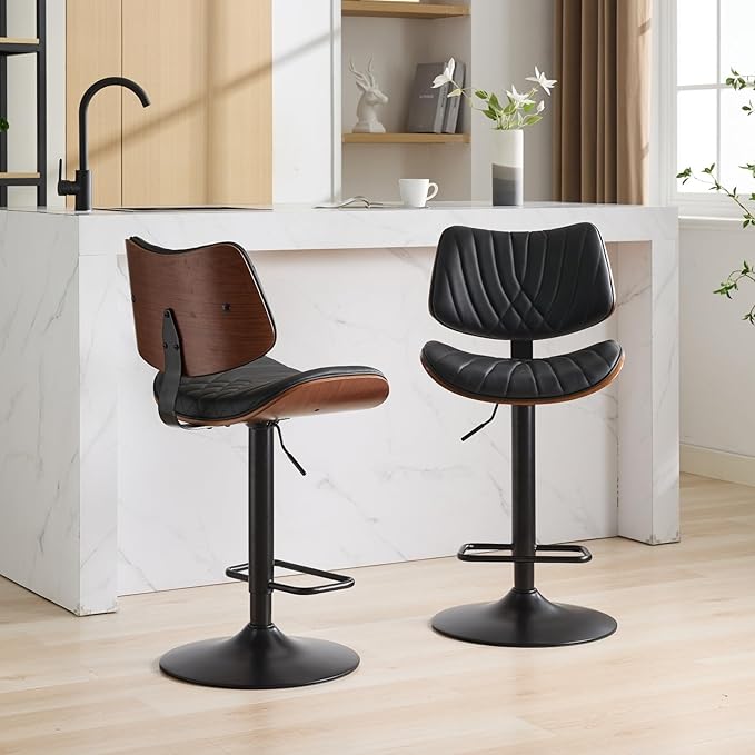Modern Mid Century Adjustable Counter Height Leather Upholstered 360°Swivel Bar Chairs for Kitchen Island/Dining Room/Cafe, 2 Chair,for Living Room