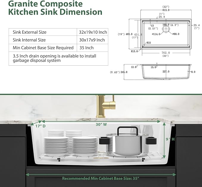 32 Inch White Undermount Kitchen Sink Workstation Granite Composite Kitchen Sink Quartz Ledge Single Bowl Under Counter Large Deep Classic Sinks Basin,32" x 19"
