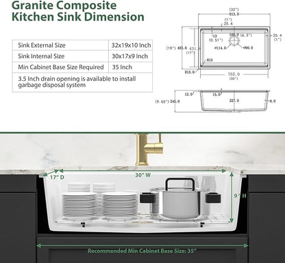 32 Inch White Undermount Kitchen Sink Workstation Granite Composite Kitchen Sink Quartz Ledge Single Bowl Under Counter Large Deep Classic Sinks Basin,32" x 19"