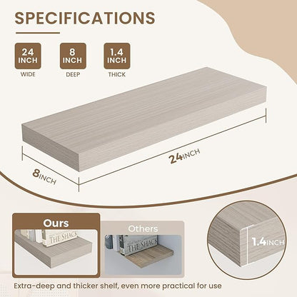 Dreamland 24 Inches Floating Shelves for Wall, 8" Deep Long Floating Shelves Set of 2, Large Display & Storage Shelf, Wall Shelf for Bathroom Bedroom Living Room Kitchen Office, Grey