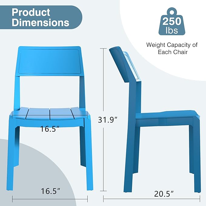 VECELO 4 Pack Plastic Dining Chairs, Stackable Patio Chairs for Indoor Outdoor Use in Kitchen, Poolside, No Assembly Required, Blue