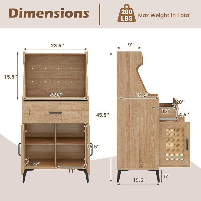 LOKO 45.5” Kitchen Pantry Cabinet Set of 2, Coffee Bar Cabinet with DIY Pegboard, Rattan Buffet Sideboard with Adjustable Shelf, Mid Century Modern Hutch Cabinet for Living Room, Oak (2)