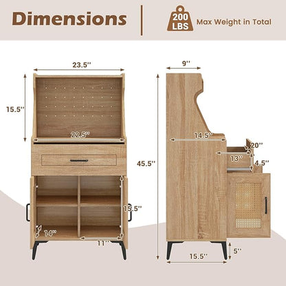 LOKO 45.5” Kitchen Pantry Cabinet, Coffee Bar Cabinet with DIY Pegboard, Rattan Buffet Sideboard with Storage Drawer & Adjustable Shelf, Mid Century Modern Hutch Cabinet for Living Room, Oak (1)