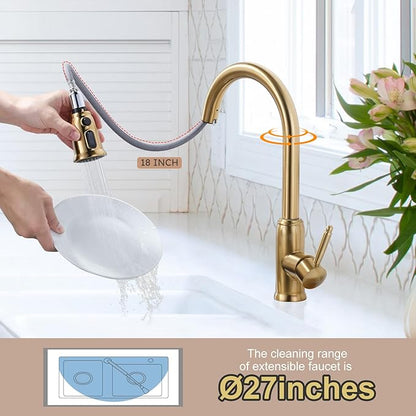 WOWOW Gold Kitchen Faucet with Sprayer - 304 Stainless Steel Kitchen Sink Faucet High Arc Pull Down Design for 1 or 3 Hole, Vintage Style
