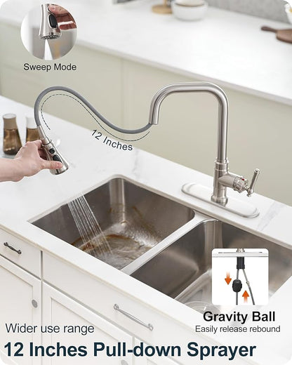 Brushed Nickel Kitchen Faucet with Sprayer, 3 Modes Pull Down Kitchen Sink Faucets, 304 Stainless Steel Suit 3 Hole or 1 Hole with Deck Plate & Pipes