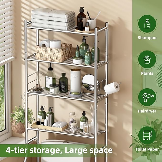 Ekisemio Over The Toilet Storage Cabinet, Metal 4 Tier Bathroom Shelves Over Toilet, Bathroom Oragnizer with 4 Hooks and Paper Holder, Chrome