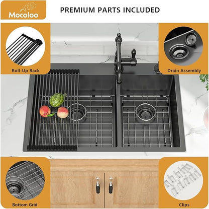 Mocoloo 33 Black Drop In Kitchen Sink 33x22 Inch Gunmetal Black Stainless Sink Double Bowl 60/40 Topmount 16 Gauge Kitchen Sink Handmade Basin