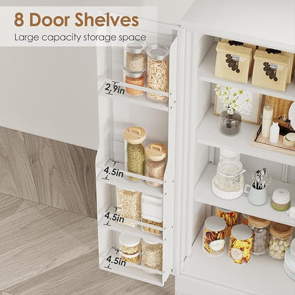 PAOFIN 47" Kitchen Pantry Cabinet, Metal Storage Cabinet with 3 Adjustable Layer Shelves, 8 Door Shelves, Buffet Sideboard for Living Room, Kitchen, White