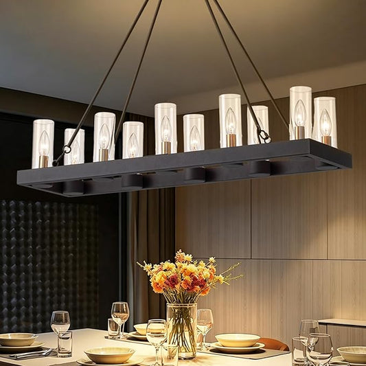 35.4" Farmhouse Rectangle Chandelier for Dining Room, 10-Light Black Hanging Fixture with 59" Adjustable Wires, Rustic Kitchen Island Ceiling Light