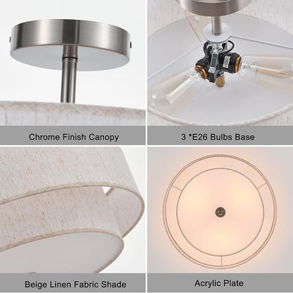 18" Semi Flush Mount Ceiling Light 3-Light Modern Linen Drum Ceiling Lighting with Chrome Finish, Vintage Ceiling Light for Living Room, Kitchen, Basement, Laundry Room, Bedroom