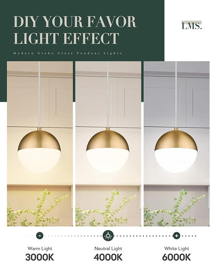 LMS 6-inch Brushed Gold Pendant Light Fixtures, Mid Century Pendant Light Fixtures with White Globe Glass, Adjustable Hanging Cord Ceiling Light Fixtures for Dining Room Bathroom, LMS-186BGS