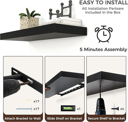 Venusmiles Floating Shelves for Wall, Engineered Wood Wall Shelves with Invisible Brackets for Living Room Bedroom Bathroom Office Kitchen Decor and Storage (Black, 72" W x 9" D x 1.5" H) Set of 1