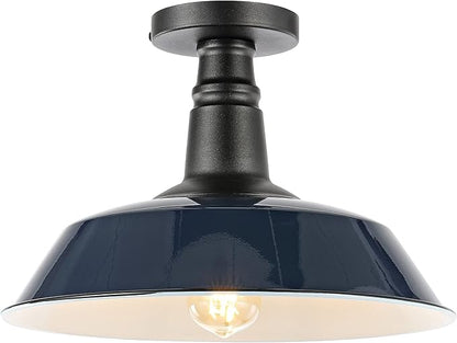 JONATHAN Y 14" Navy/Black 1-Light Industrial LED Semi Flush Mount Ceiling Light for Porch, Kitchen, Entryway, Modern Farmhouse Iron Fixture, White Metal Shade, LED Bulb Included (JYL7617C)