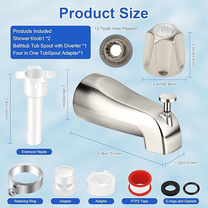 2 Piece Bathtub Shower Knob Replacement, with Diverter Bath Tub Spout Kit, Hot and Cold Faucet Knobs Compatible with Price Pfister Verve Tub Shower (Brushed Nickel)