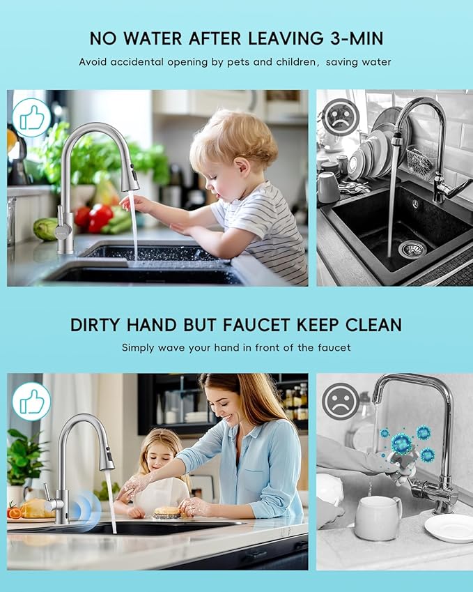 Touchless Kitchen Sink Faucet with Pull Down Sprayer, Motion Sensor Touch on Faucets for Kitchen Sink, 360° Swivel Spout, Brushed Nickel