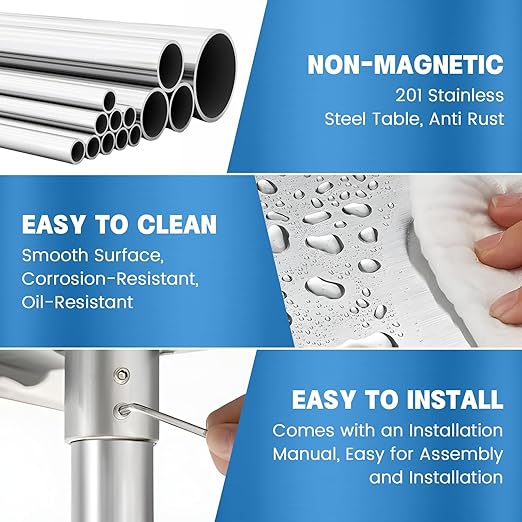 KUARBARR Stainless Steel Table for Prep & Work with Backsplash 24 x 30 Inches NSF Metal Commercial Kitchen Adjustable Under Shelf Worktable for Restaurant Home Outdoor